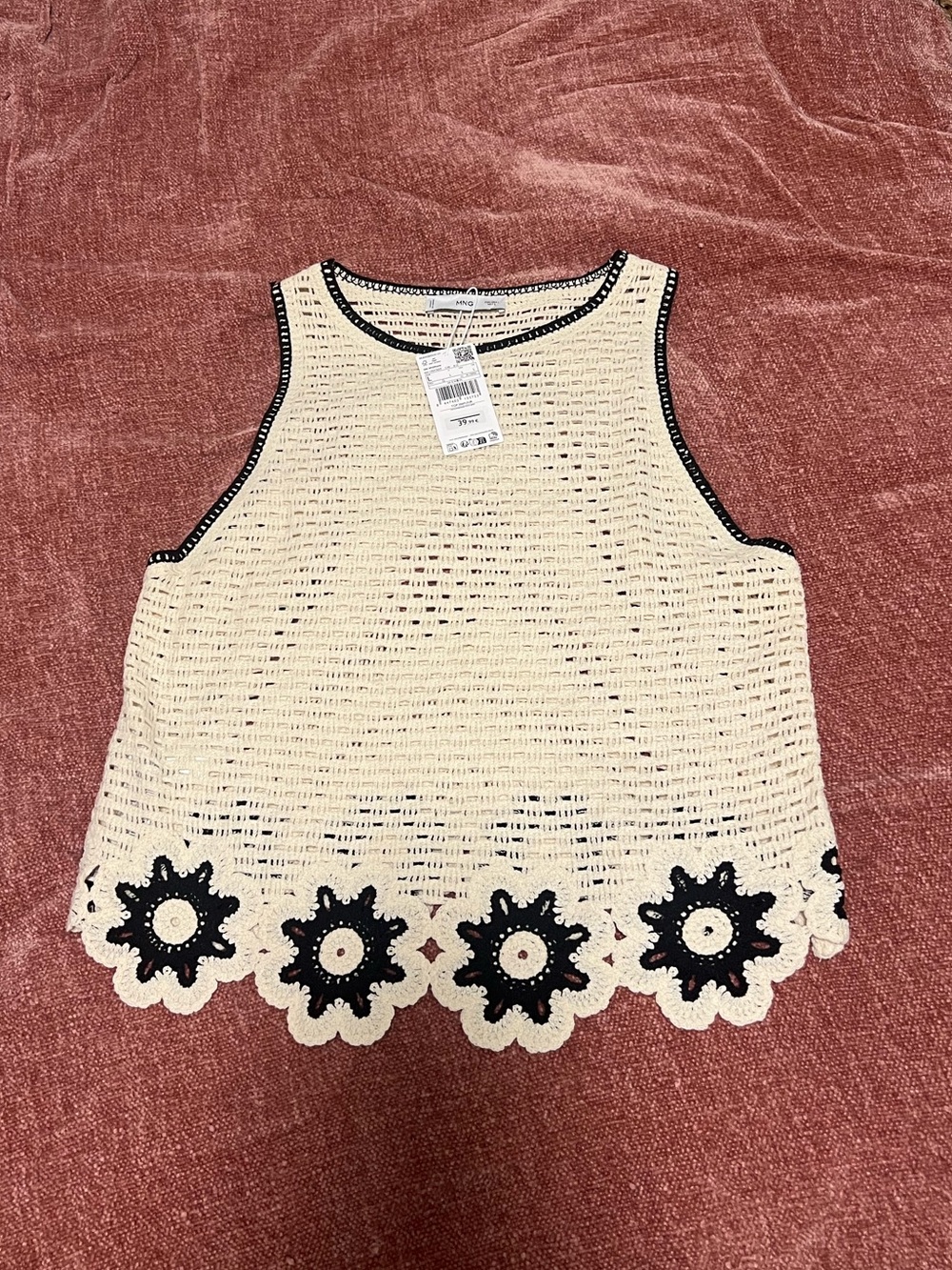Mango Crochet Tank Top with Black Floral Trim